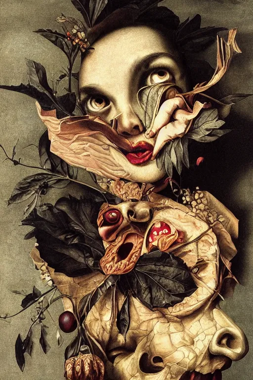 Image similar to Detailed maximalist portrait with large lips and with large eyes, teeth, botany, sad exasperated expression, HD mixed media, 3D collage, highly detailed and intricate illustration in the style of Caravaggio, dark art, baroque