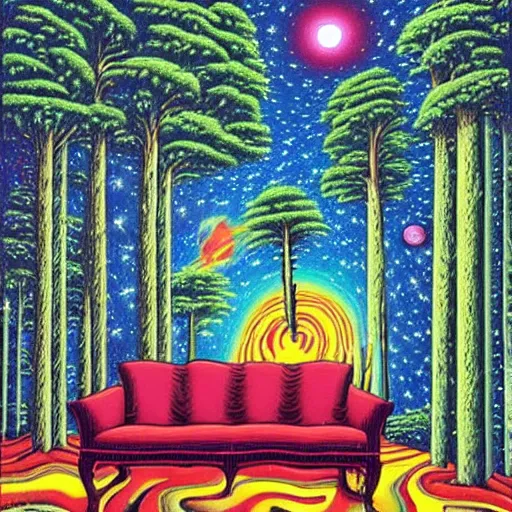 Image similar to psychedelic trippy couch pine forest, planets, milky way, sofa, cartoon by rob gonsalves