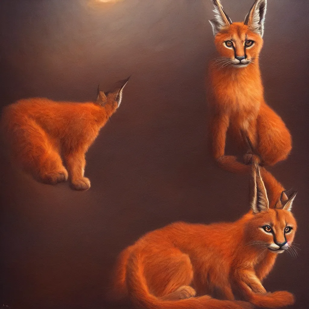 Prompt: many cute fluffy caracals, fire, epic, fantasy setting, dark environment, serene colors, soft lighting, atmospheric, cinematic, moody, in the style of diego koi, gina heyer, luiz escanuela, art by alyssa monk, hyperrealism, rule of thirds, golden ratio, oil on canvas, 8 k