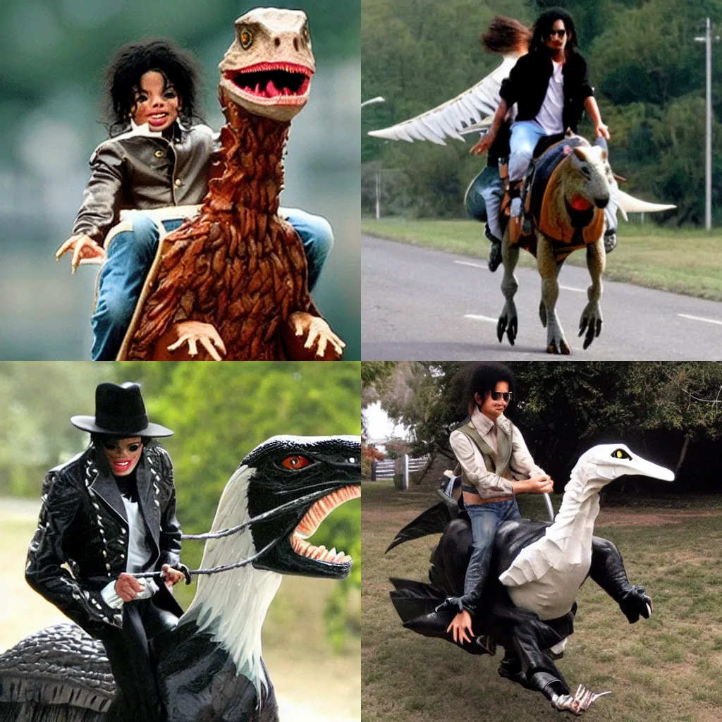 Prompt: michael jackson riding a velociraptor