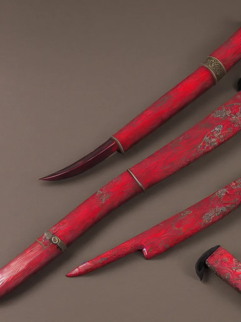 Image similar to a katana with a square tsuba sheathed inside a crimson colored scabbard, hyperdetailed