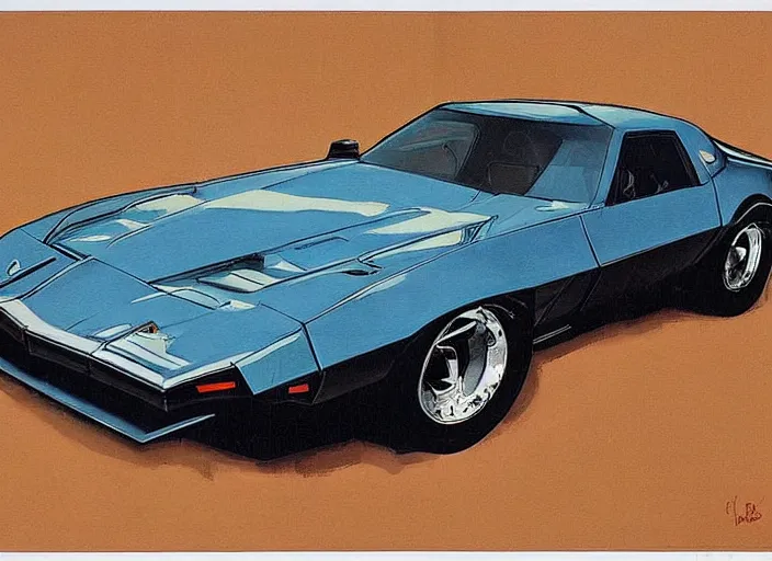 Prompt: ( ( ( ( ( knight rider kitt, car concept art, sci - fi illustration, painting, in the style of logan's run ) ) ) ) ) by vincent di fate and john berkey and 1 9 8 2 pontiac trans am!!!!!!!