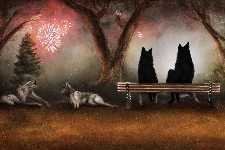 Prompt: two wolves sitting on a bench in a park at night watching fireworks, artstation, 4k