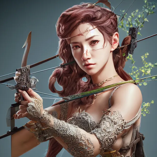 Image similar to the portrait of lawful neutral semi - colorful female archer socialite as absurdly beautiful, gorgeous, elegant, young gravure idol, an ultrafine hyperdetailed illustration by kim jung gi, irakli nadar, intricate linework, bright colors, octopath traveler, final fantasy, unreal engine 5 highly rendered, global illumination, radiant light, detailed and intricate environment