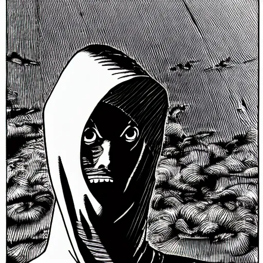 Prompt: hooded man, junji ito,