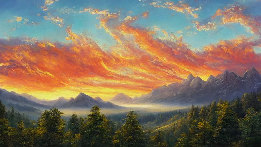 Image similar to The most beautiful panoramic landscape, oil painting, where the mountains are towering over the valley below their peaks shrouded in mist, the sun is just peeking over the horizon producing an awesome flare and the sky is ablaze with warm colors and stratus clouds. A giant dreamy waterfall creates a river, it is winding its way through the valley and the trees are starting to bloom in pink colors, by Greg Rutkowski, aerial view