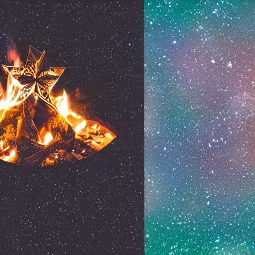 Image similar to a comfy crackling outdoor campfire in front of a very dark background of yellow illustrated stars, astrophotography, warm muted colors, cut paper photo collage with photograph and illustration