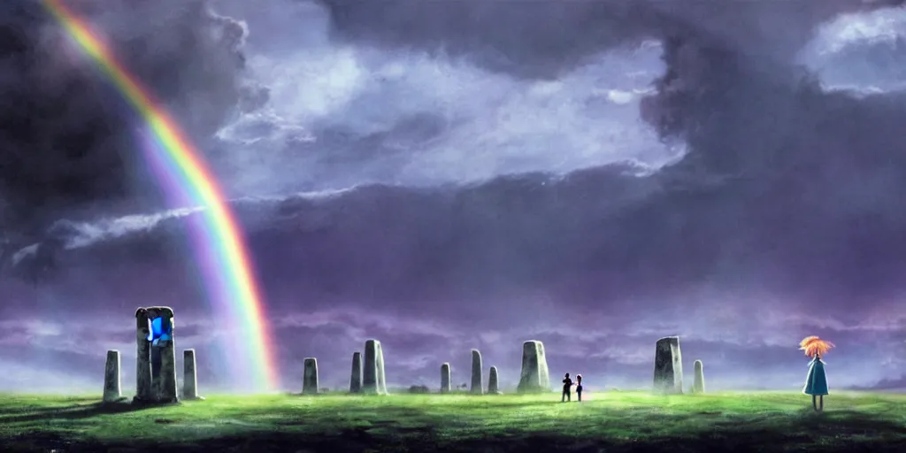 Image similar to a realistic and atmospheric cell - shaded concept art from howl's moving castle ( 2 0 0 4 ) of a rainbow colored ufo landing on the ground. a grey monk is standing in a futurist sci - fi city that looks like stonehenge in a flooded rainforest. it is a misty starry night. very dull muted colors, hd, 4 k, hq
