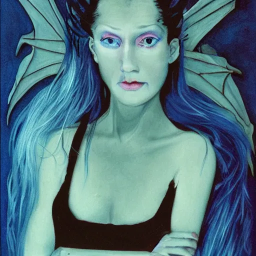 Prompt: Dragon lady, portrait of young girl half dragon half human, Dragon skin, Dragon eyes, Blue hair, Long hair, by David Lynch