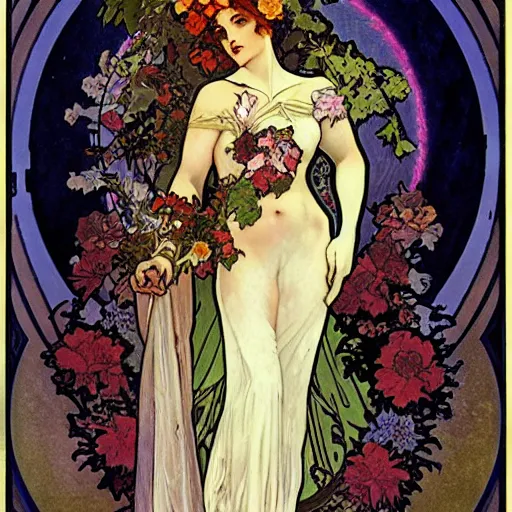 Image similar to persephone as goddess of death, flowers, dark, evil, painted by alphonse mucha