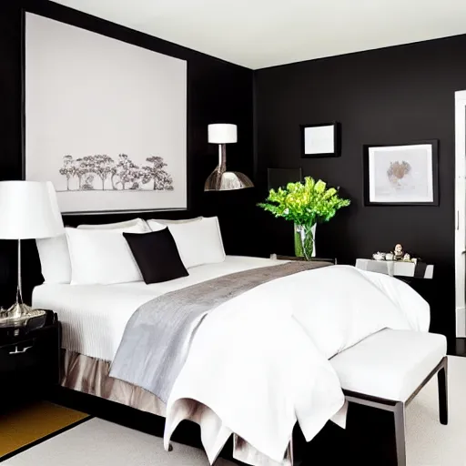 Image similar to stylish luxury hotel bedroom design, feminine, black walls, Japanese influences