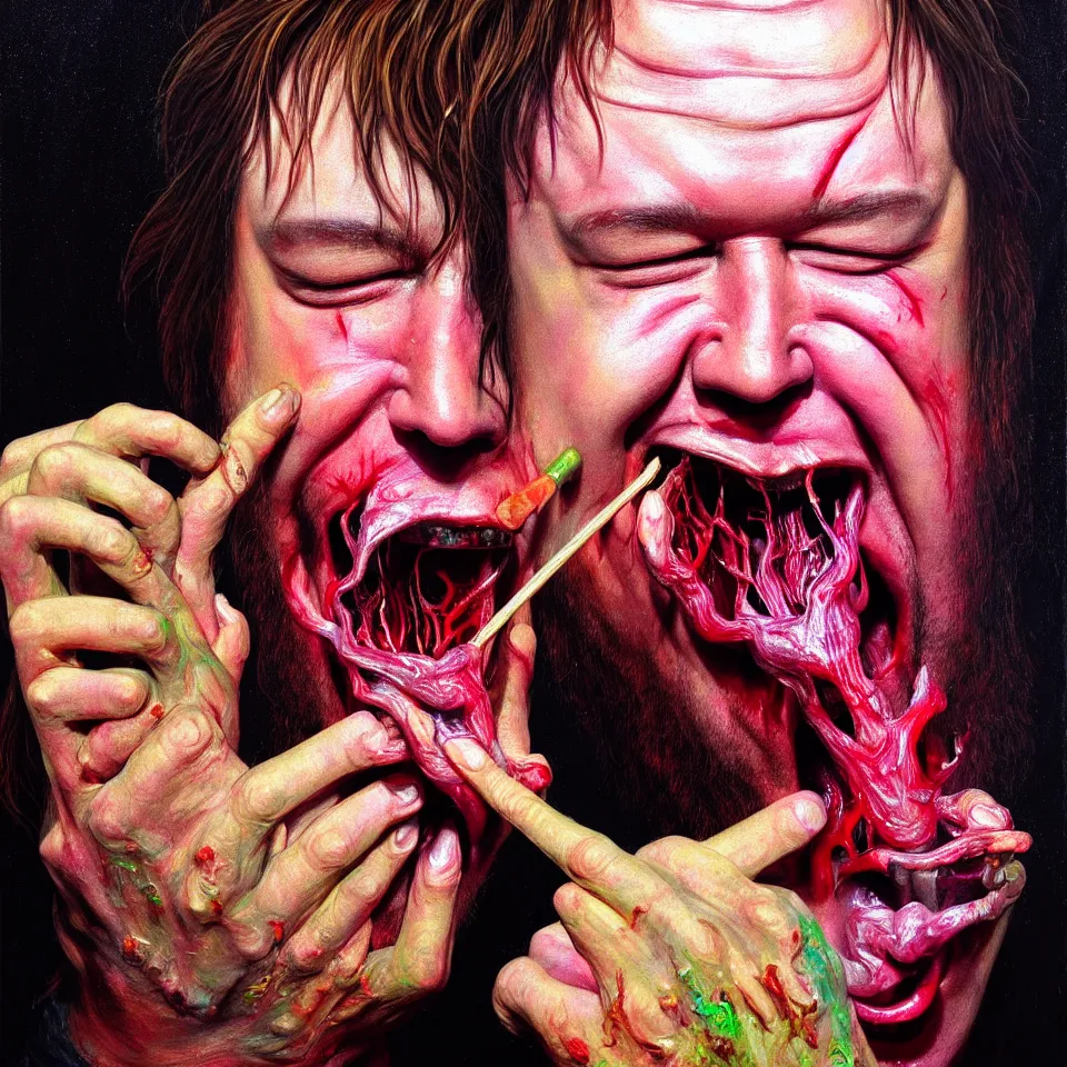 Prompt: weird and disturbing psychedelic bill hicks eating rotten flesh, smiling and puking, diffuse lighting, fantasy, intricate, elegant, highly detailed, lifelike, photorealistic, digital painting, artstation, illustration, concept art, smooth, sharp focus, art by francis bacon