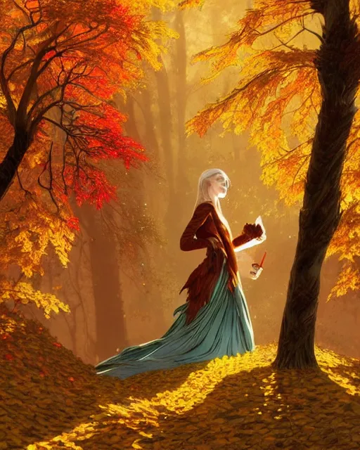 Image similar to Golden autumn, Spreads out Spreads out the leaves, Colorful leaves are lying on the ground, colorful autumn trees, red-yellow colors, falling leaves, D&D, fantasy, intricate, elegant, highly detailed, digital painting, artstation, concept art, matte, sharp focus, illustration, art by Artgerm and Greg Rutkowski and Alphonse Mucha, masterpiece, stunning, artstation