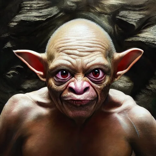 Image similar to hyperrealistic mixed media high resolution painting of (Danny DeVito) Gollum perched in a dark cave, stunning 3d render inspired art by Jamie Salmon and István Sándorfi and Unreal Engine and Greg Rutkowski, perfect facial symmetry, dim volumetric lighting, 8k octane beautifully detailed render, full body shot, post-processing, extremely hyper-detailed, intricate, epic composition, highly detailed attributes, highly detailed atmosphere, cinematic lighting, masterpiece, trending on artstation, very very detailed, masterpiece, stunning, flawless completion, lifelike texture, perfection,