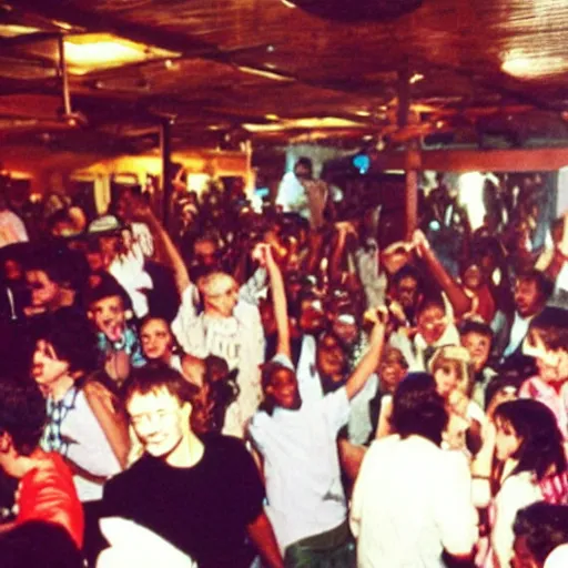 Prompt: photo of a small party with people partying in the early 1990's. 2pac can be seen in the background.