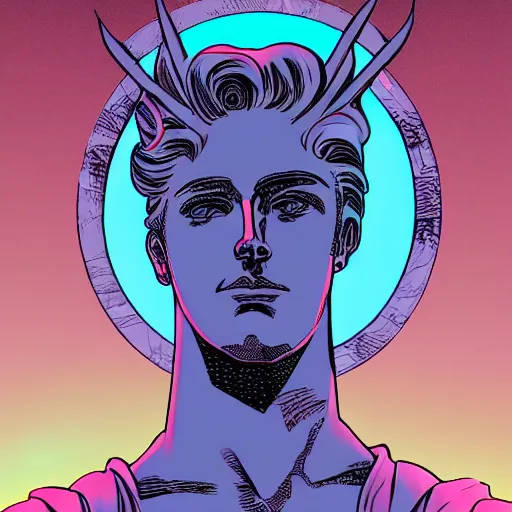 Prompt: a statue of helios, vaporwave comic book style, highly detailed