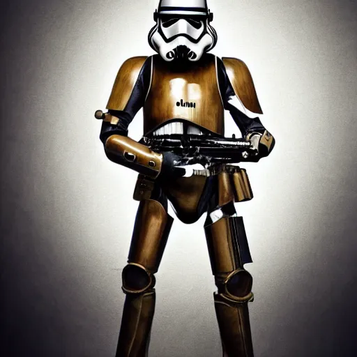 Image similar to steampunk stormtrooper, moody lighting, 8 k, cinematic,