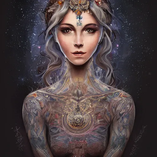 Image similar to a wlop 3 d render of very very very very super highly detailed beautiful mystic portrait of something with whirling galaxy around, tattoos by anton pieck, intricate, extremely detailed, digital painting, artstation, concept art, smooth, sharp focus, illustration, intimidating lighting, incredible art,