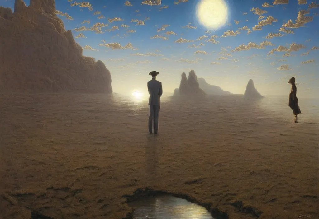 Image similar to thoughts of infinity, art by james gurney and greg rutkowski, surrealism by salvador dali, very detailed, high resolution, inspired by rene magritte, volumetric lighting