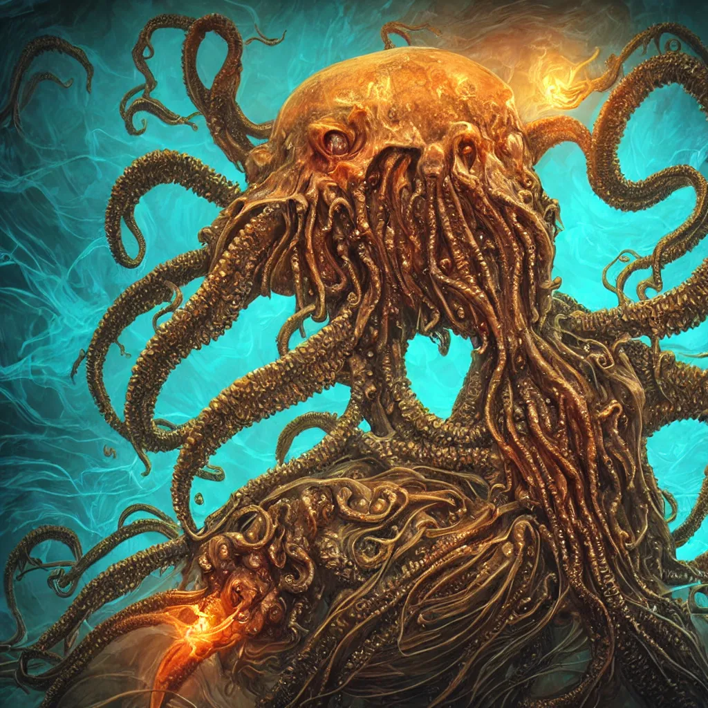 Image similar to close-up macro portrait of a Cthulhu and other fantastical sea creatures, epic angle and pose, ribcage bones symmetrical artwork, 3d with depth of field, blurred background, cybernetic jellyfish female face skull phoenix bird, translucent, nautilus, energy flows of water and fire. a highly detailed epic cinematic concept art CG render. made in Maya, Blender and Photoshop, octane render, excellent composition, cinematic dystopian brutalist atmosphere, dynamic dramatic cinematic lighting, aesthetic, very inspirational, arthouse. Greg Rutkowski, Ilya Kuvshinov, WLOP, Stanley Artgerm Lau, Ruan Jia and Fenghua Zhong