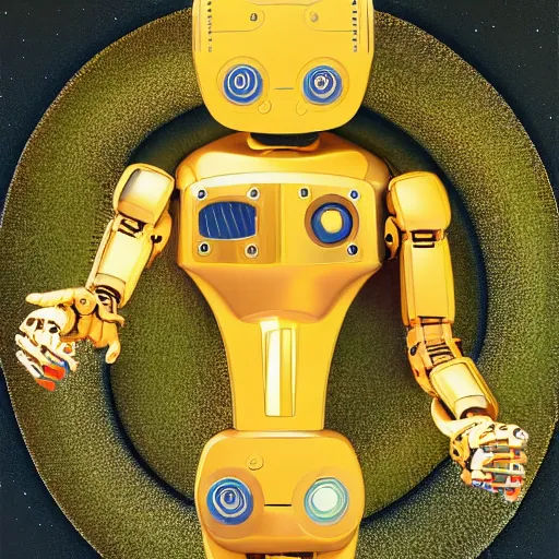 Image similar to a futuristic robot savouring a golden kiwi, ecstatic, uplifting, euphoric, detailed, 8 k, trending on artstation, award - winning art