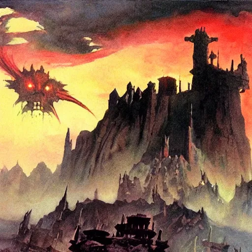 Image similar to an evil fortress, artwork by frank frazetta, red skies with evil glowing eyes