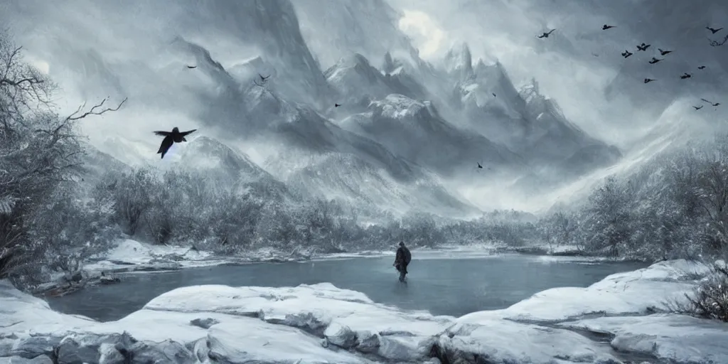 Image similar to A majestic landscape featuring a river, mountains and a forest. A small group of birds is flying in the sky. Harsh winter. very windy. There is a man walking in a deep snow. Cinematic, very beautiful, painting in the style of Lord of the rings