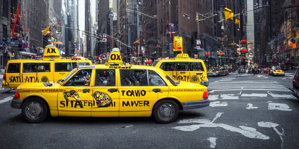 Image similar to spongebob hailing a taxi in manhattan, shallow depth of field, canon eos r 3