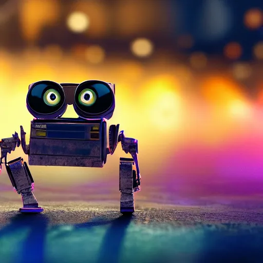 Image similar to wall - e dancing at a pearl jam concert in new york city. cinematic 8 k, depth of field, pixar.