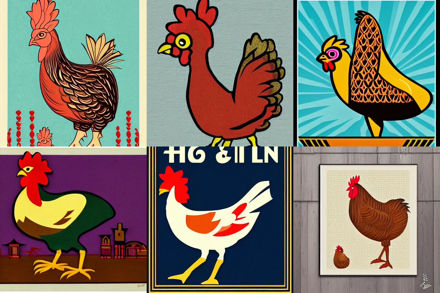 Prompt: hen and little chicken art deco style high quality