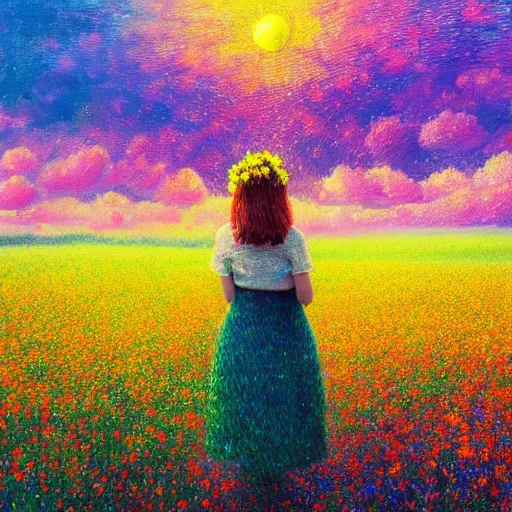 Prompt: large flower head, girl standing in a flower field, surreal photography, sunrise dramatic light, impressionist painting, colorful clouds, digital painting, pointillism, artstation, simon stalenhag