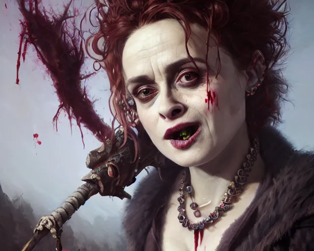 Image similar to highly detailed portrait of helena bonham carter as a fantasy goblin with a bloody mouth, in skyrim, stephen bliss, unreal engine, fantasy art by greg rutkowski, loish, rhads, ferdinand knab, makoto shinkai and lois van baarle, ilya kuvshinov, rossdraws, tom bagshaw, global illumination, radiant light, detailed and intricate environment