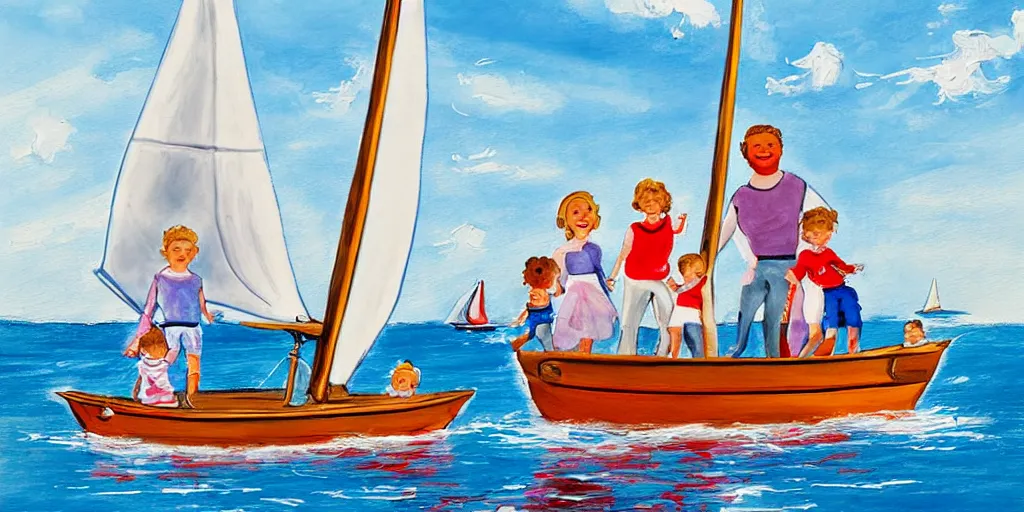 Prompt: painting of a family sailing on a sailboat in the Netherlands, happy, playful, funny