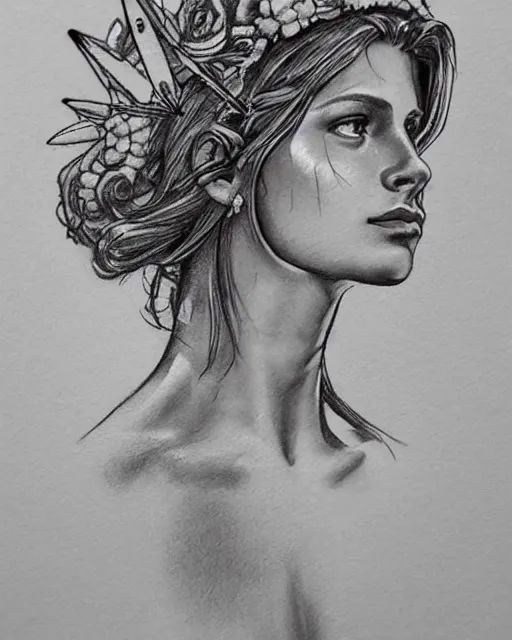 Image similar to realism tattoo sketch of a beautiful greek goddess aphrodite wearing a laurel wreath and arrowhead earrings, beautiful confident eyes, beautiful flowing hair, glowing god eyes, hyper realistic face, in the style of greg rutkowski, fantasy, amazing detail, epic, elegant, smooth, sharp focus, from the front