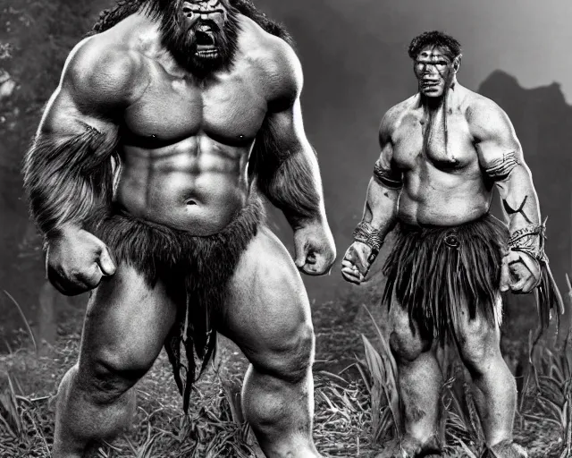 Image similar to hyper realistic group vintage photograph of a live action warcraft orc warrior tribe in the jungle, tall, hulk like physique, detailed faces, tribal paint, tribal armor, grain, old, monochrome, sepia toned, realistic lighting, wide angle