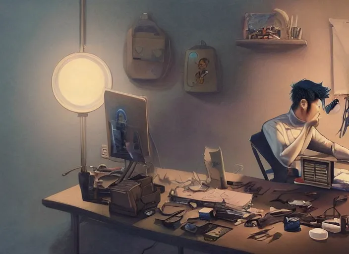 Image similar to an insanely detailed and realistic painting of an asian man wearing a homemade superhero costume, sitting at a desk, staring seriously at the computer and typing, in the style of peter mohrbacher, james jean, artgerm, dramatic lighting and composition, surreal background, octane render, pixar, trending on artstation, concept art, comic book, 8 k