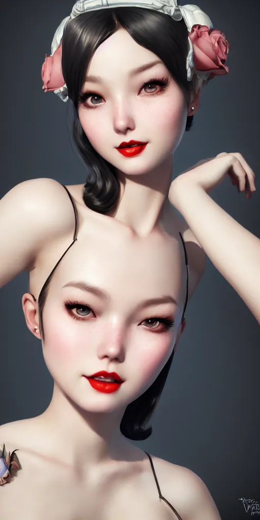 Image similar to a pin up girl, charming smile, beautiful and charming and fashion and dreamlke girl by artgerm lau, & jeehyung lee & wlop, hyperdetailed, 8 k realistic, symmetrical, frostbite 3 engine, cryengine, dof, trending on artstation, trending on deviantart