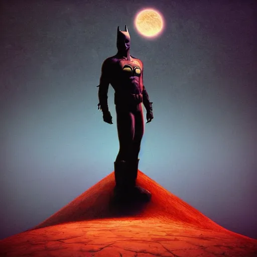 Prompt: psychedelic concept art illustration of Batman with a dark moon in the far distance, trending on artstation, by zdzisław beksiński, 3d render, octane render, intricately detailed artwork, full 8k high quality resolution, recently just found unknown masterpiece