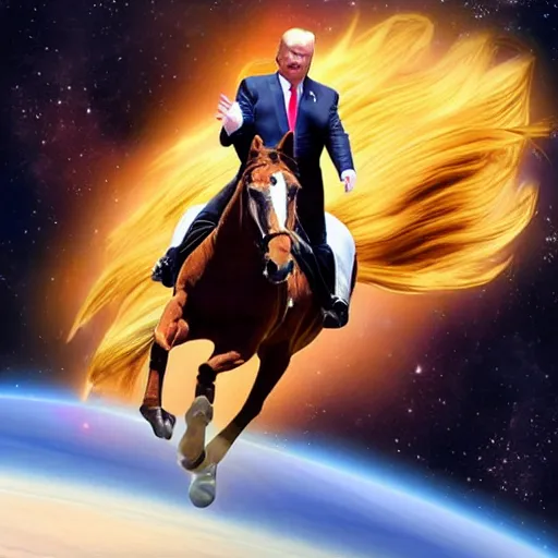 Image similar to donald trump riding a horse in space, hd photo