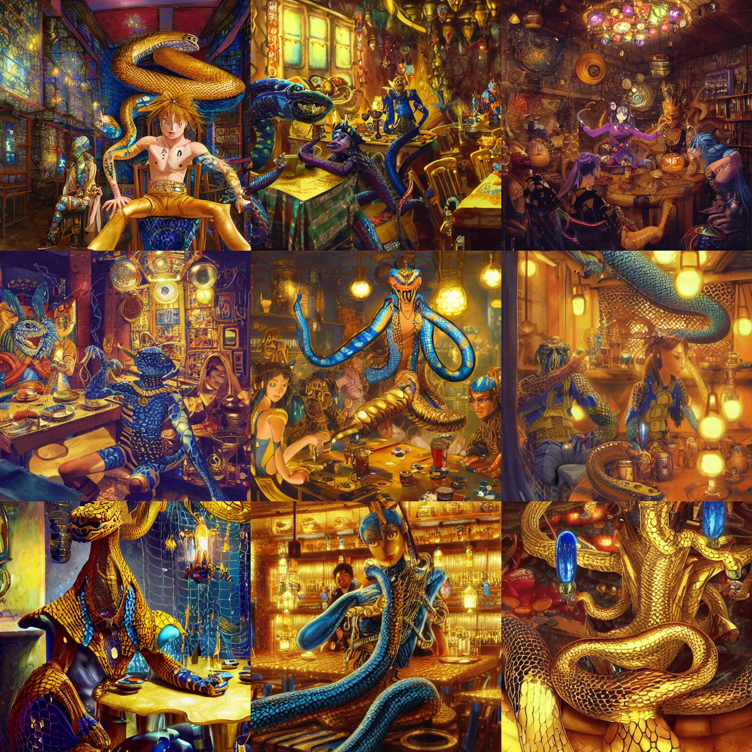 Prompt: a humanoid snake with golden scales and blue accents across its design, seated in a lively tavern full of fantasy spirits and heroes, warm lights, lighthearted celebration, art by yuji ikehata and satoshi kon, background art by miyazaki, realism, proper human male proportions, fully clothed, dungeons and dragons, anime