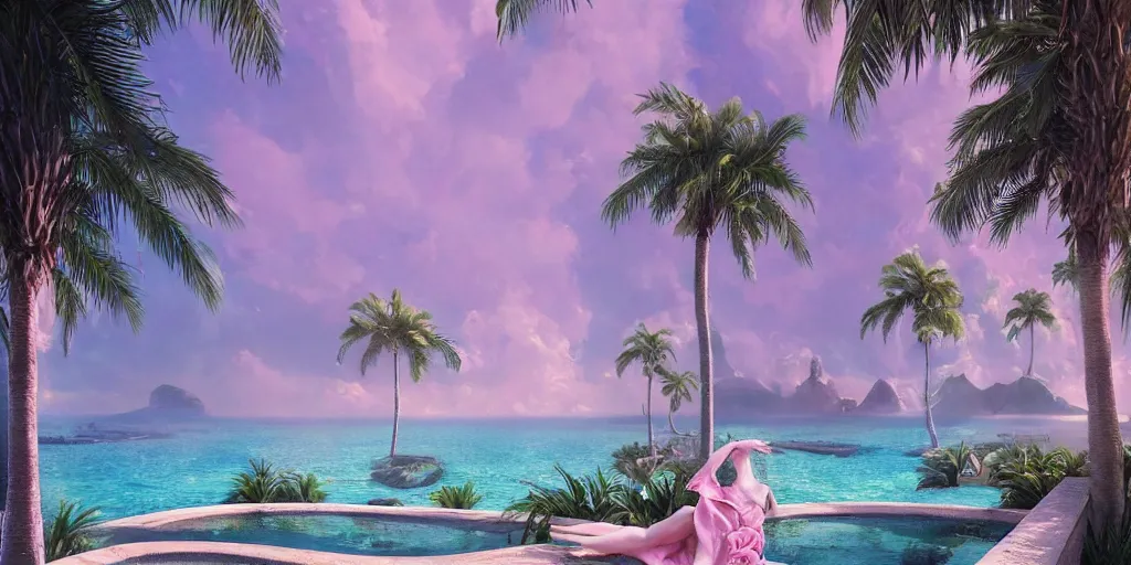 Image similar to artgem and greg rutkowski masterpiece, hyperrealistic surrealism, award winning masterpiece with incredible details, epic stunning, infinity pool, a surreal vaporwave liminal space, highly detailed, trending on ArtStation, calming, meditative, pink arches, palm trees, very vaporwave, very very surreal, sharp details, dreamscape, gigantic alien mirror structure