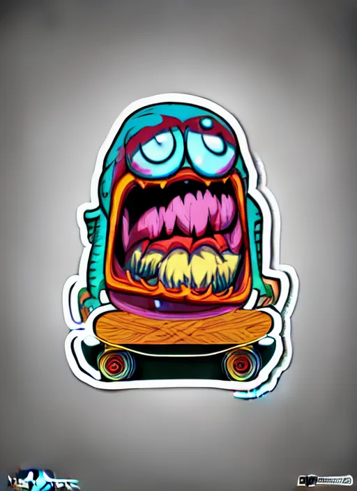 Prompt: happy monster on a skateboard, sticker, thick outline, close up, wlop, dan mumford, artgerm, liam brazier, peter mohrbacher, 8 k, raw, featured in artstation, octane render, cinematic, elegant, intricate, 8 k