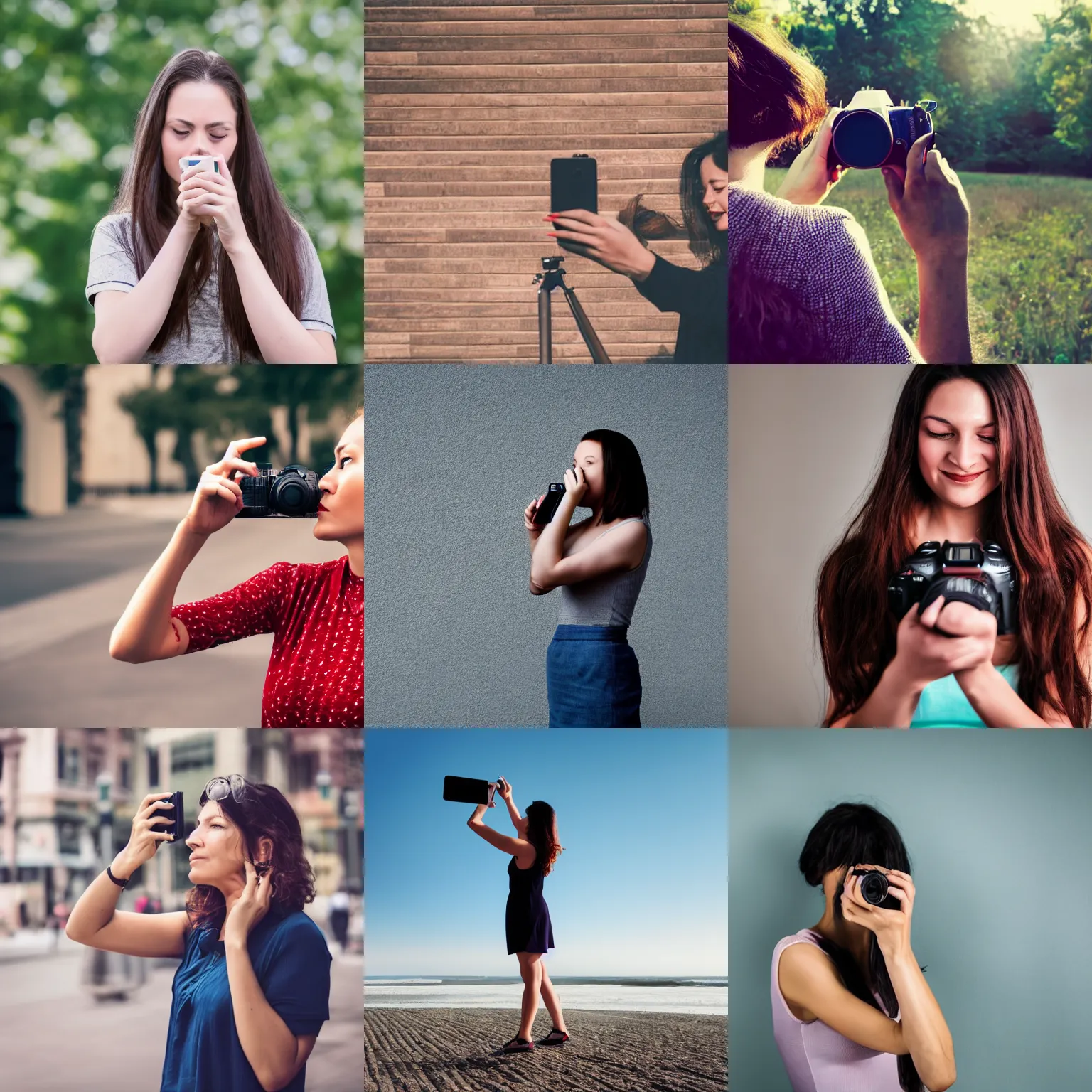 Prompt: a woman taking a picture, a stock photo by helen dahm, shutterstock contest winner, art photography, dslr camera, dslr, telephoto lens
