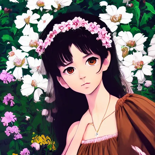 Image similar to little brown girl with flowers in hair wearing an white dress. art by ilya kuvshinov, profile picture, inspired in hirohiko araki, realistic, highly detailed, 8 0 s anime art style, vogue cover