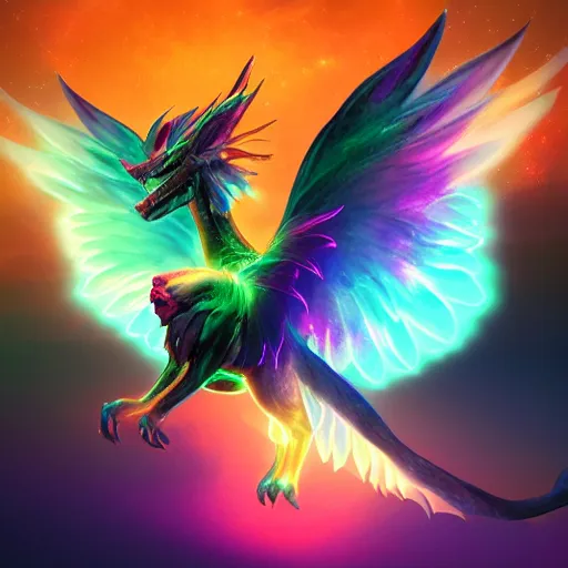 Prompt: bioluminescent winged fairy dragon breathing out the galaxy in 4 k colorful soft lighting diffuse powerful dielectric effects twisting artstation trending high definition high detail low orthogonality