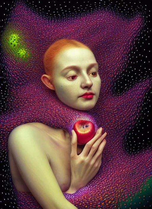 Image similar to hyper detailed 3d render like a Oil painting - Aurora (Singer) Eats of the Strangling Fruit of penance open eyes and Her Hands full of gossamer polyp blossoms bring iridescent fungal flowers whose spores black the foolish stars by Jacek Yerka, Mariusz Lewandowski, Houdini algorithmic generative render, Abstract brush strokes, Masterpiece, Edward Hopper and James Gilleard, Zdzislaw Beksinski, Mark Ryden, Wolfgang Lettl, hints of Yayoi Kasuma, octane render, 8k