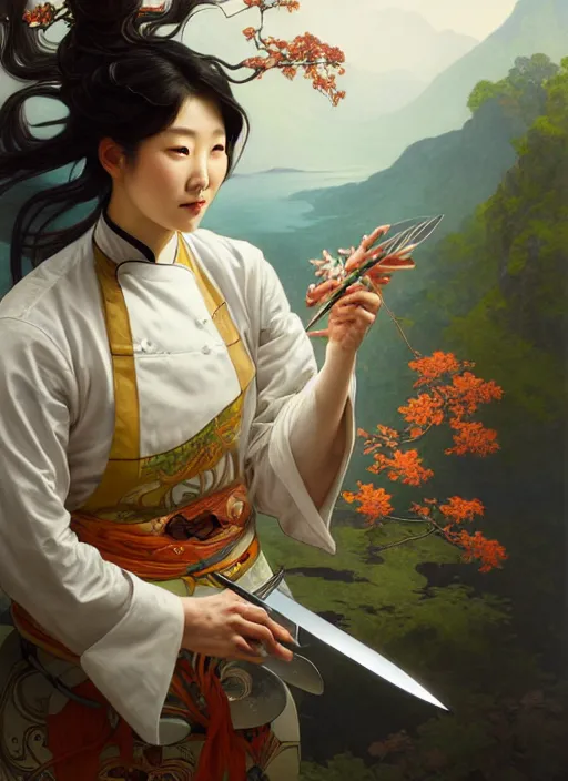 Image similar to stunning portrait of a south korean female chef holding magical kitchen knives, beautiful rivers of energy flowing in background, by peter mohrbacher and alphonse mucha and loish, 4 k, high resolution, intricate, hyperdetailed, photorealistic, artstation, smooth, sharp focus