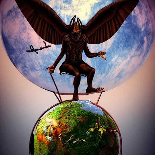 Image similar to a very detailed photo of satan sitting on earth globe, with baphomet and lucifer, creepy, godrays, studio photo, highly detailed, artstation, trending,