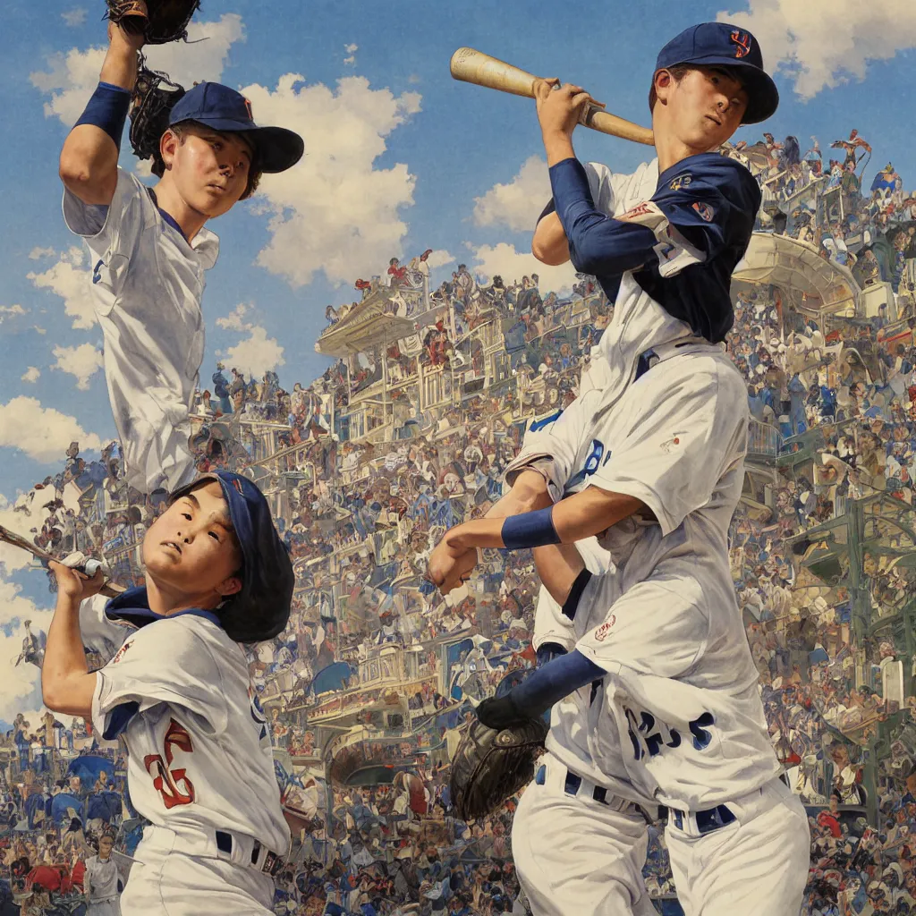 Prompt: poster of young baseball player winning in koshien stadium, blue sky and white clouds, the feeling of summer, intricate, highly detailed, art by greg rutkowski and alphonse mucha, 8 k