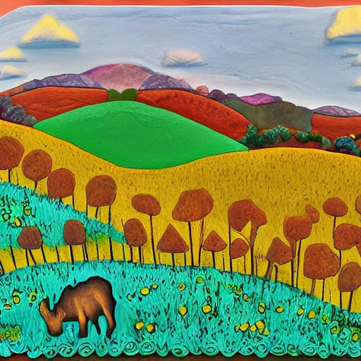 Prompt: rolling hills, appalachian folk art, mixed media, 3 d, detailed, award winning